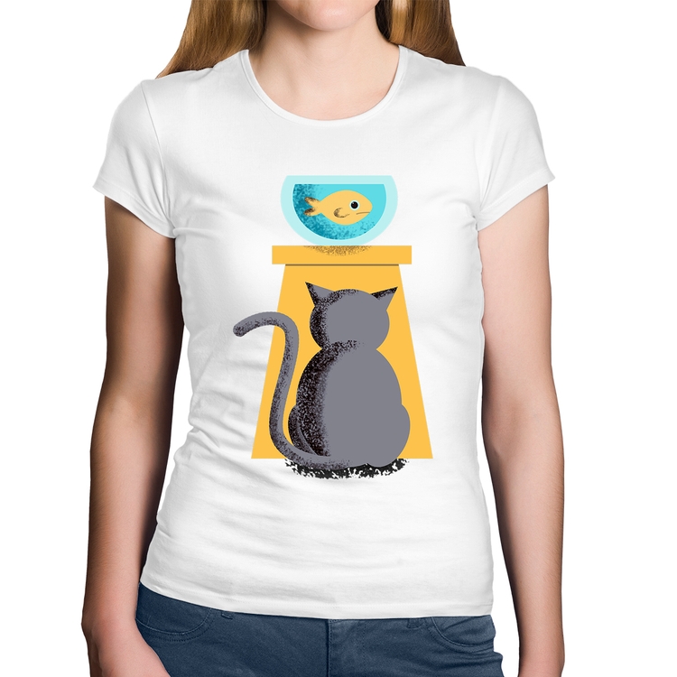 Baby Look Algodão Gato e Aquário - Branca