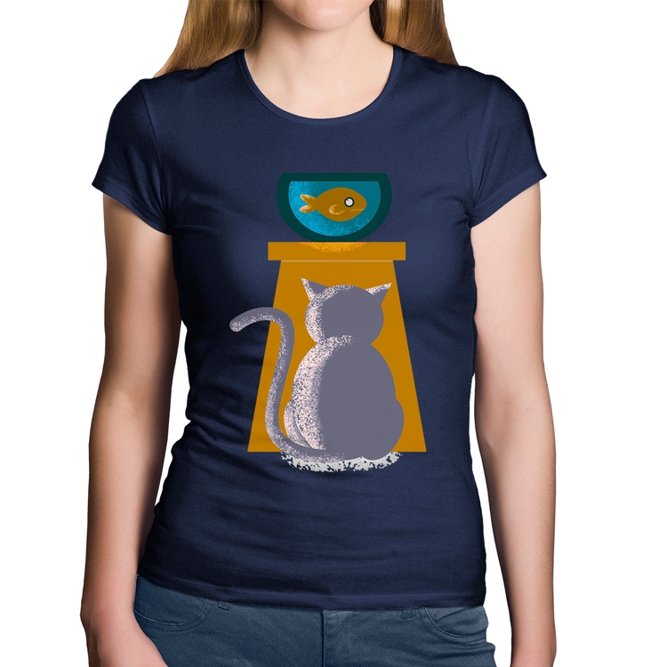 Baby Look Algodão Gato e Aquário - Marinho