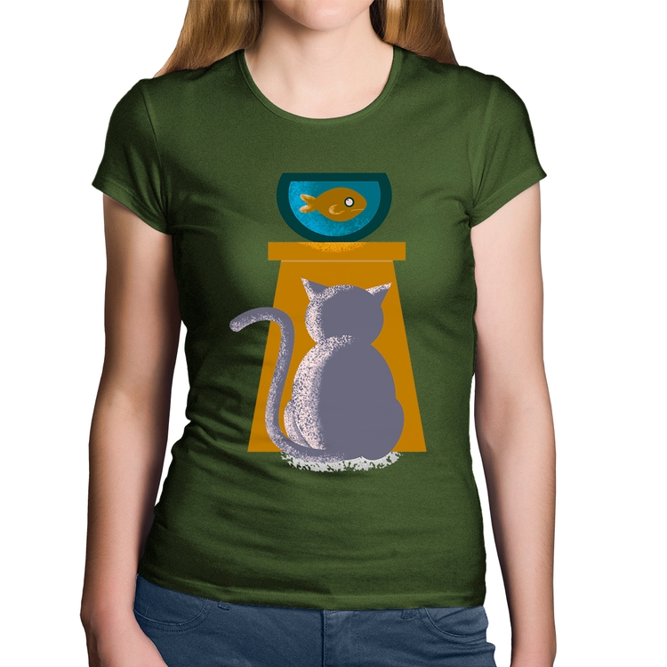 Baby Look Algodão Gato e Aquário - Musgo