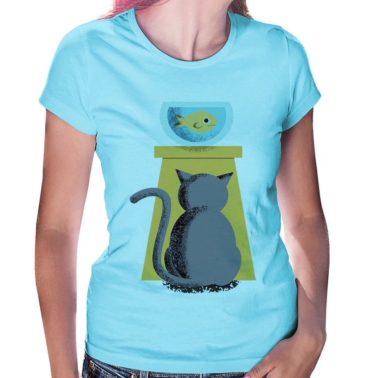 Baby Look Gato e Aquário - Azul Bebê