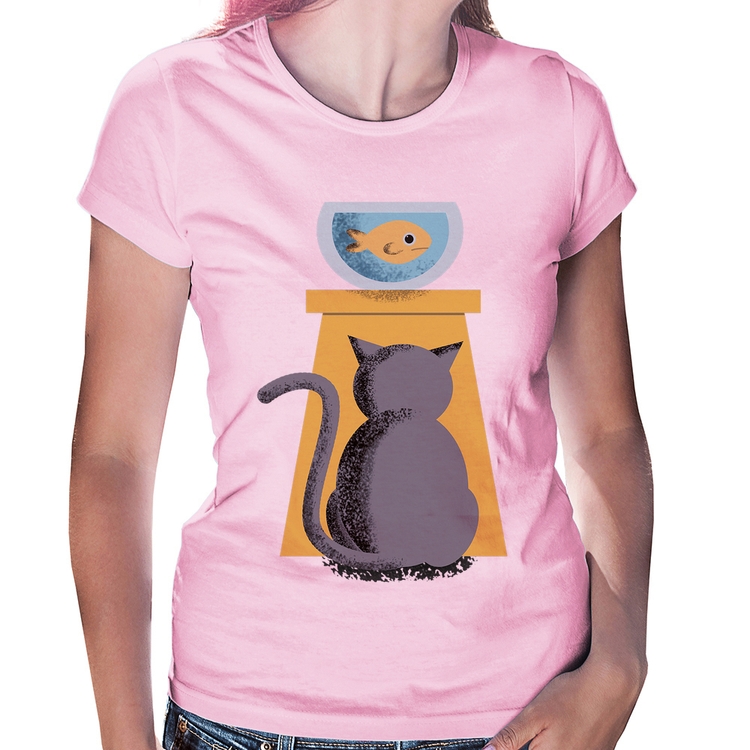 Baby Look Gato e Aquário - Rosa Bebê