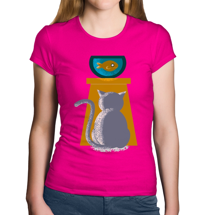 Baby Look Algodão Gato e Aquário - Rosa