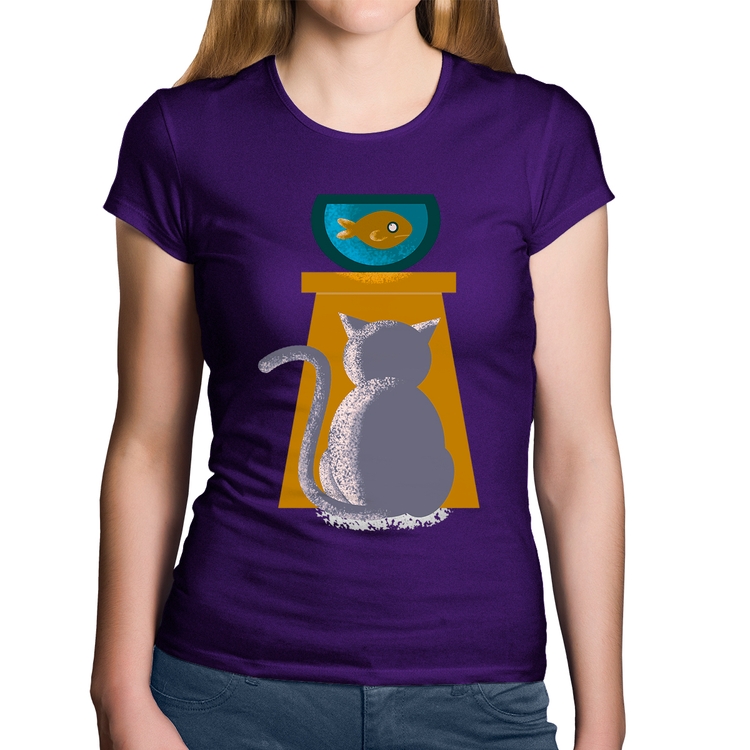 Baby Look Algodão Gato e Aquário - Roxa