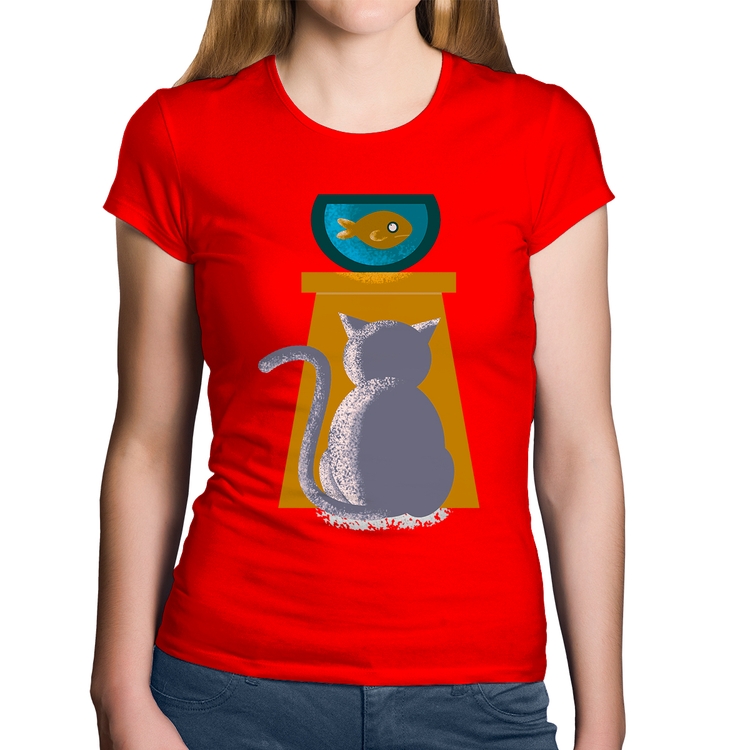 Baby Look Algodão Gato e Aquário - Vermelha