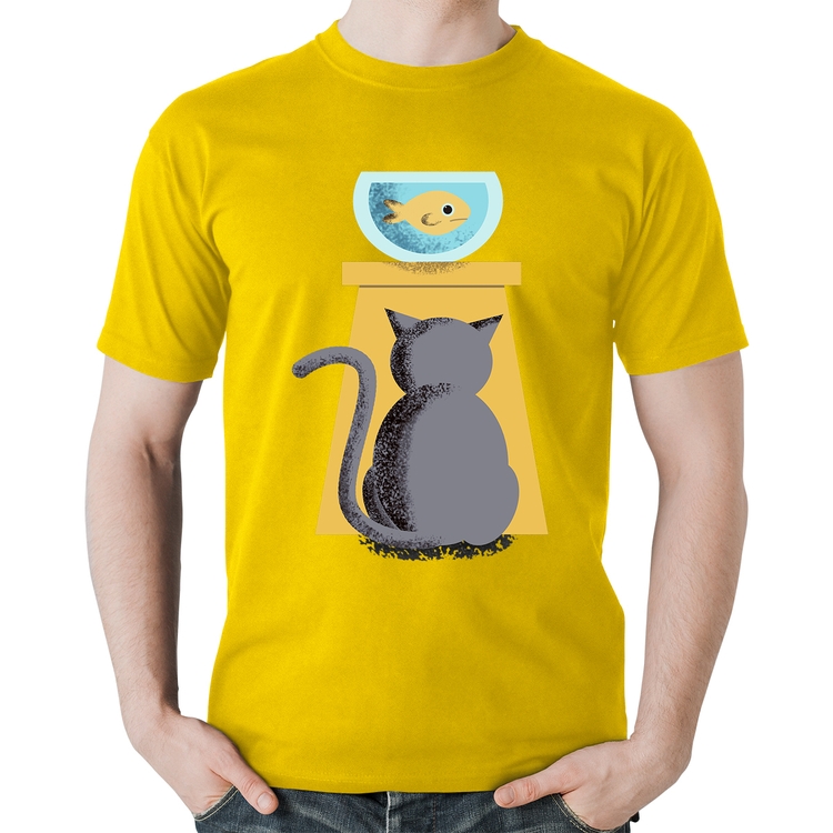Camiseta Algodão Gato e Aquário - Amarela