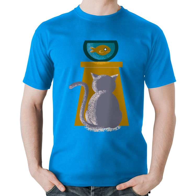 Camiseta Algodão Gato e Aquário - Azul