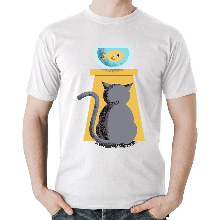 Camiseta Algodão Gato e Aquário - Branca