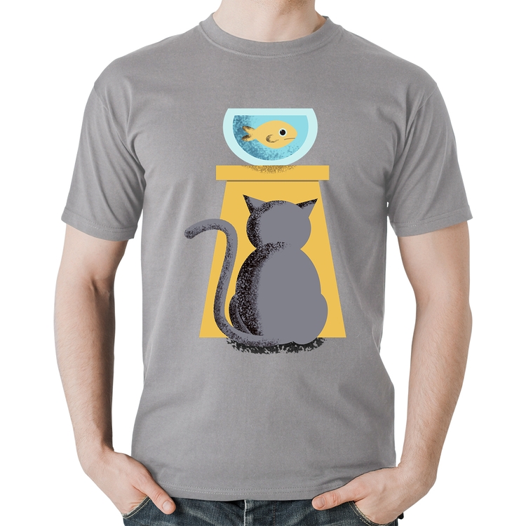Camiseta Algodão Gato e Aquário - Cinza