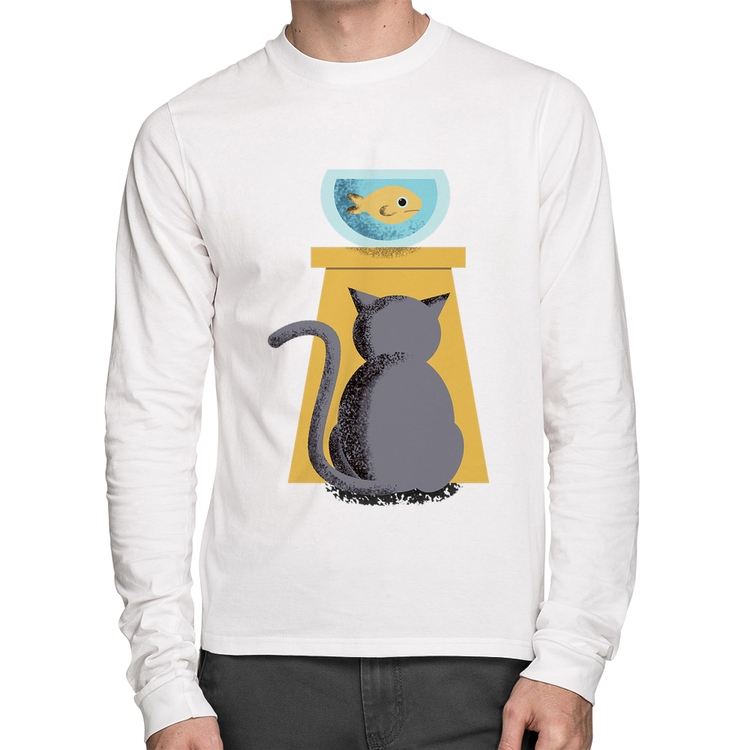Camiseta Algodão Gato e Aquário Manga Longa - Branca