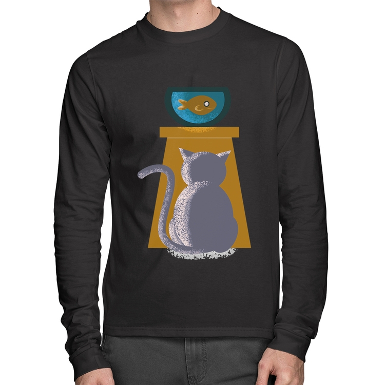 Camiseta Algodão Gato e Aquário Manga Longa
