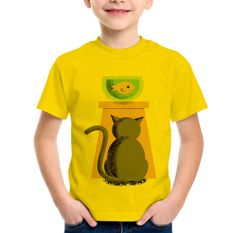 Camiseta Infantil Gato e Aquário - Amarela