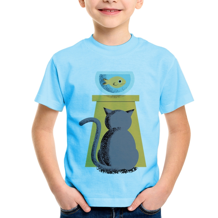 Camiseta Infantil Gato e Aquário - Azul Bebê