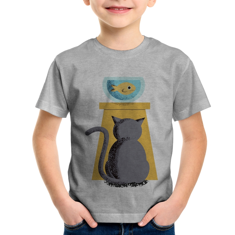 Camiseta Infantil Gato e Aquário - Cinza