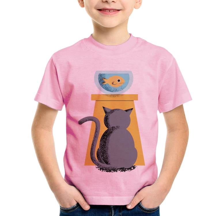 Camiseta Infantil Gato e Aquário - Rosa Bebê