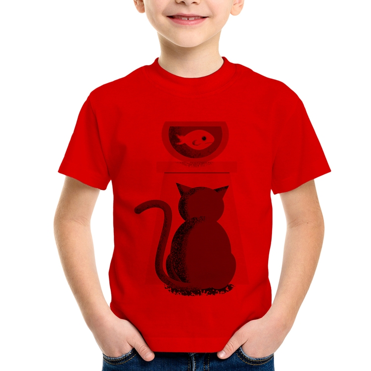 Camiseta Infantil Gato e Aquário - Vermelha