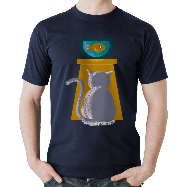 Camiseta Algodão Gato e Aquário - Marinho