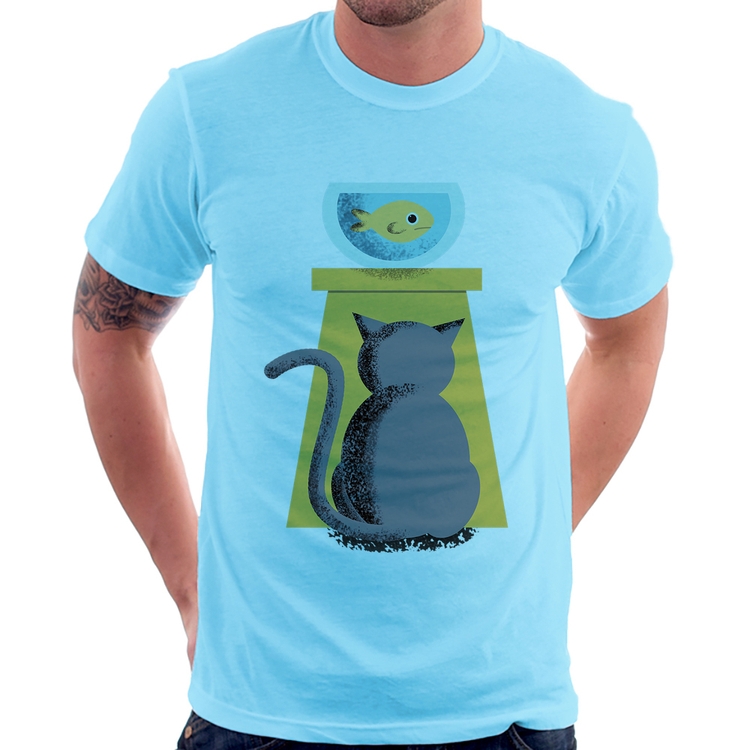 Camiseta Gato e Aquário - Azul Bebê
