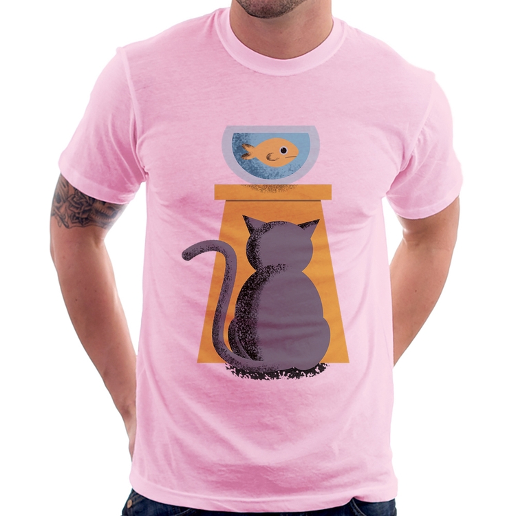 Camiseta Gato e Aquário - Rosa Bebê