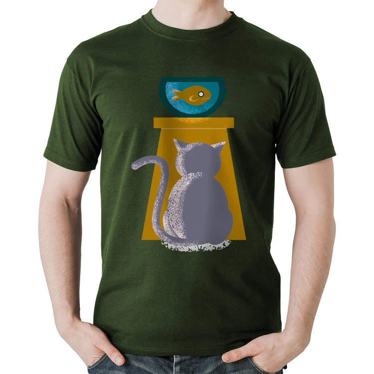 Camiseta Algodão Gato e Aquário - Musgo