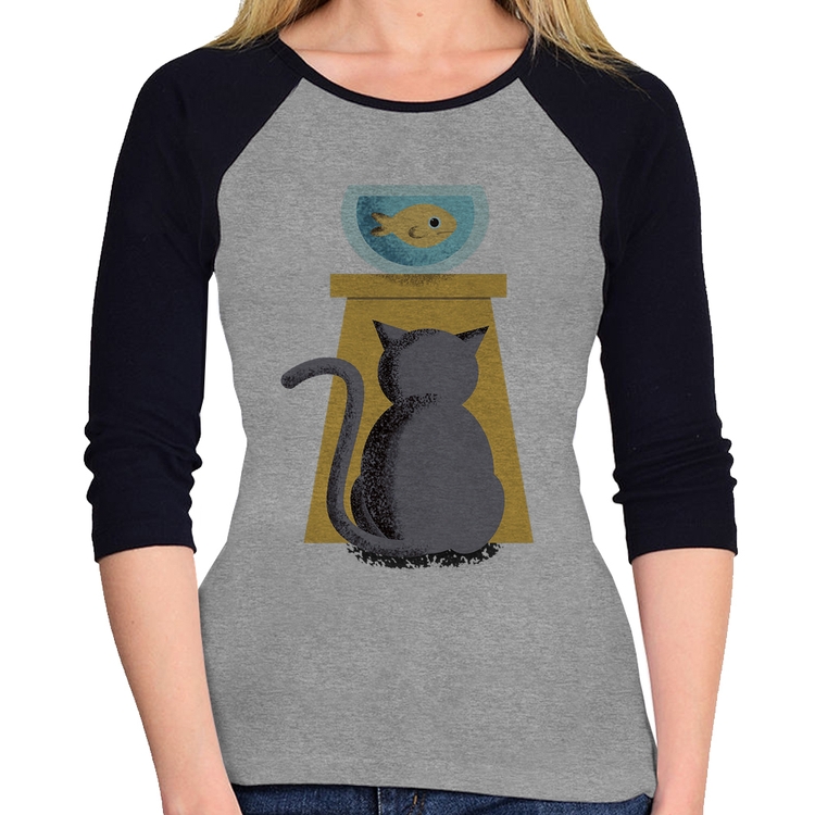 Baby Look Raglan Gato e Aquário Manga 3/4 - Cinza/Preto