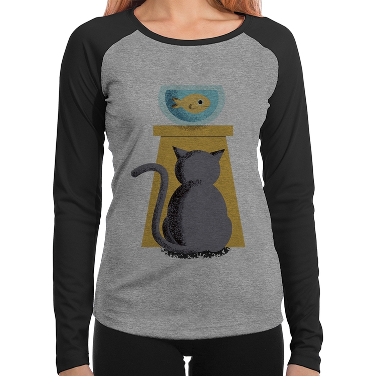 Baby Look Raglan Gato e Aquário Manga Longa - Cinza/Preto
