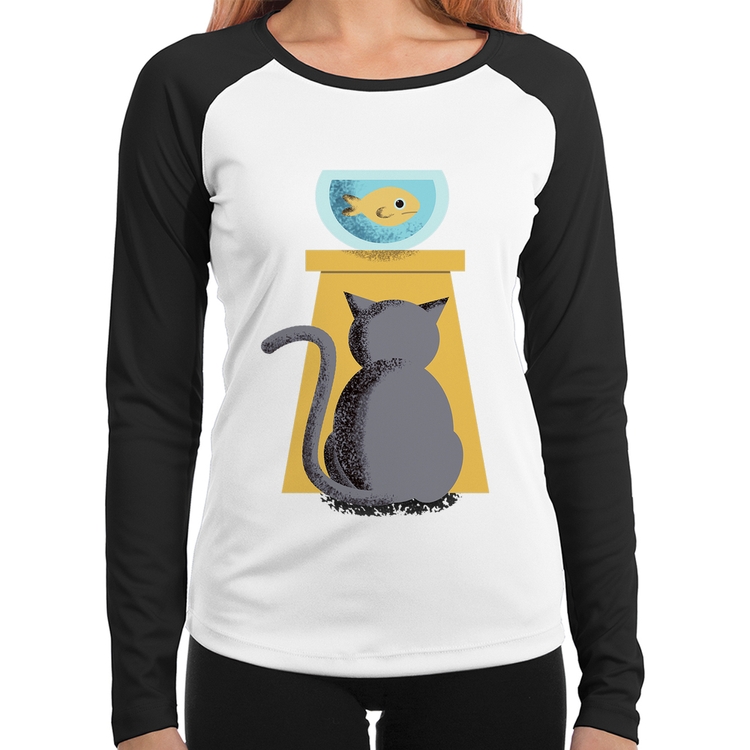 Baby Look Raglan Gato e Aquário Manga Longa