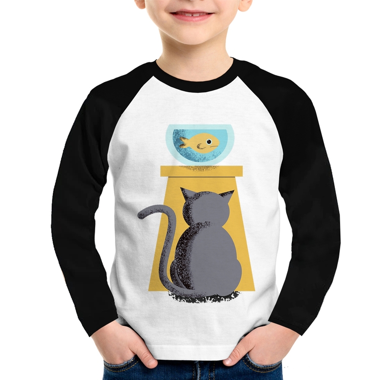 Camiseta Raglan Infantil Gato e Aquário Manga Longa