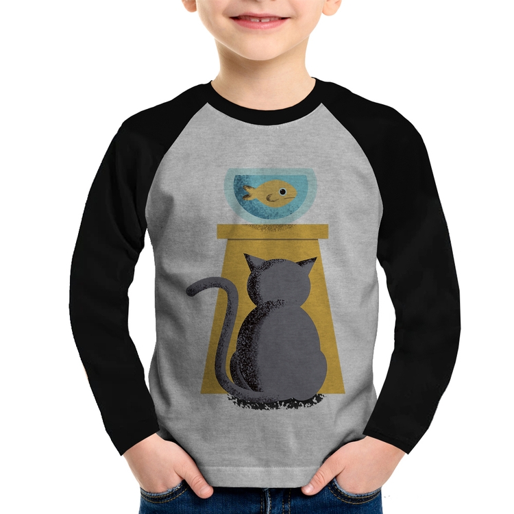 Camiseta Raglan Infantil Gato e Aquário Manga Longa - Cinza/Preto