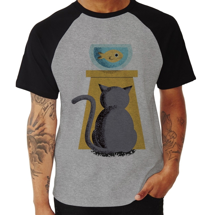 Camiseta Raglan Gato e Aquário - Cinza/Preto