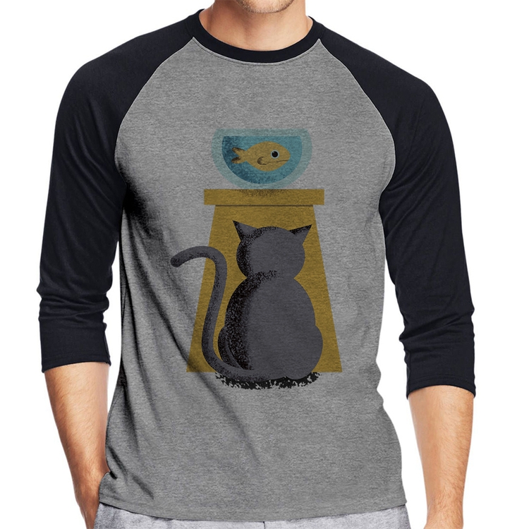 Camiseta Raglan Gato e Aquário Manga 3/4 - Cinza/Preto