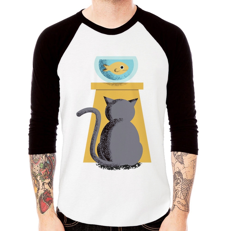 Camiseta Raglan Gato e Aquário Manga 3/4
