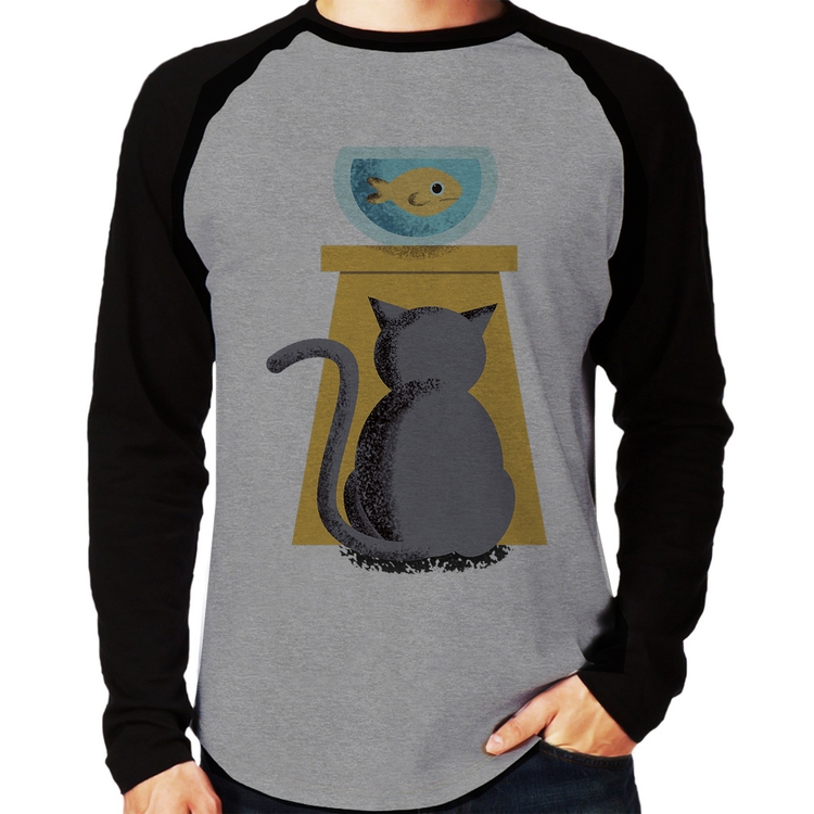 Camiseta Raglan Gato e Aquário Manga Longa - Cinza/Preto