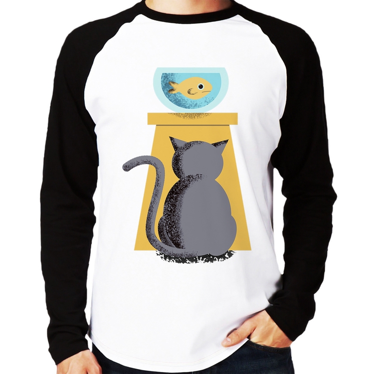 Camiseta Raglan Gato e Aquário Manga Longa