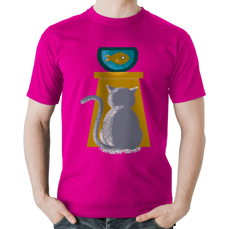 Camiseta Algodão Gato e Aquário - Rosa