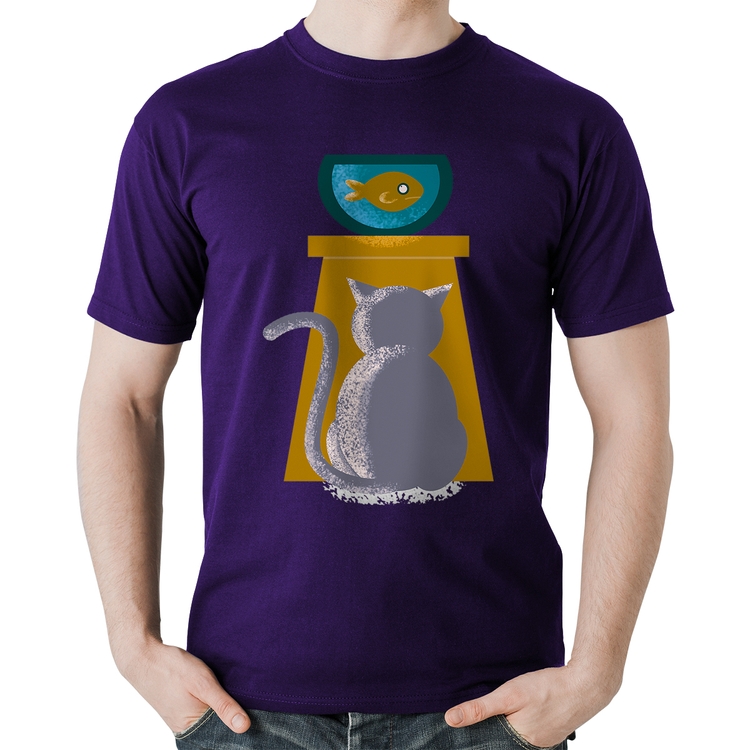Camiseta Algodão Gato e Aquário - Roxa