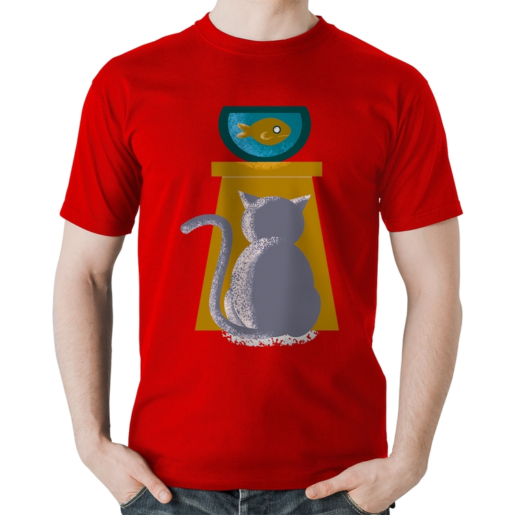 Camiseta Algodão Gato e Aquário - Vermelha