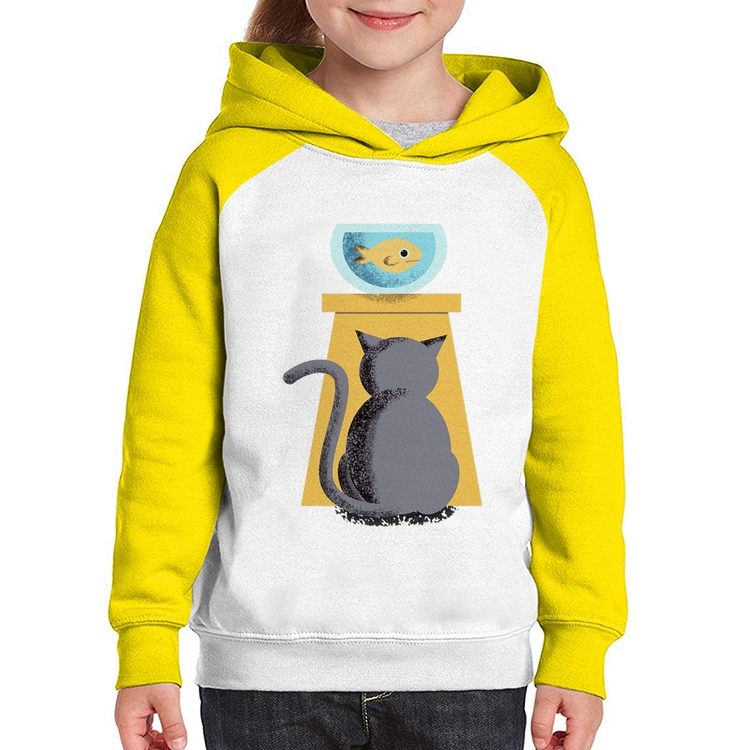 Moletom Infantil Gato e Aquário - Branco/Amarelo