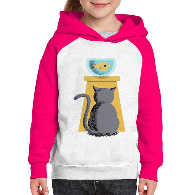 Moletom Infantil Gato e Aquário - Branco/Rosa