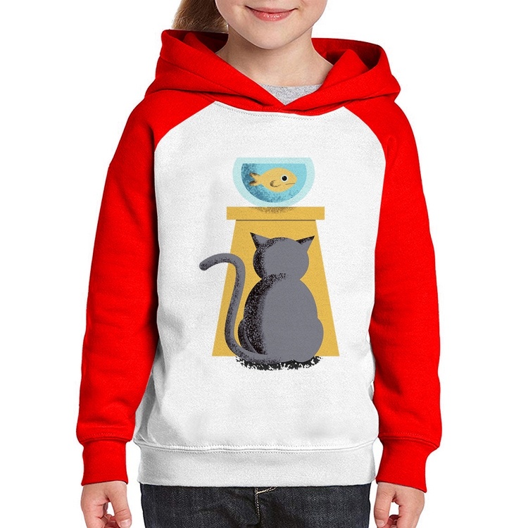 Moletom Infantil Gato e Aquário - Branco/Vermelho