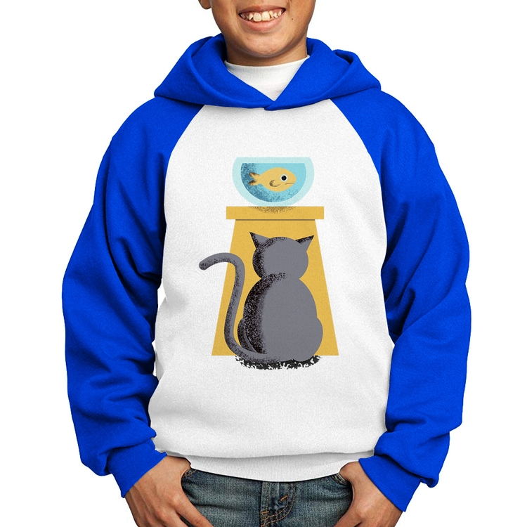 Moletom Infantil Gato e Aquário - Branco/Azul