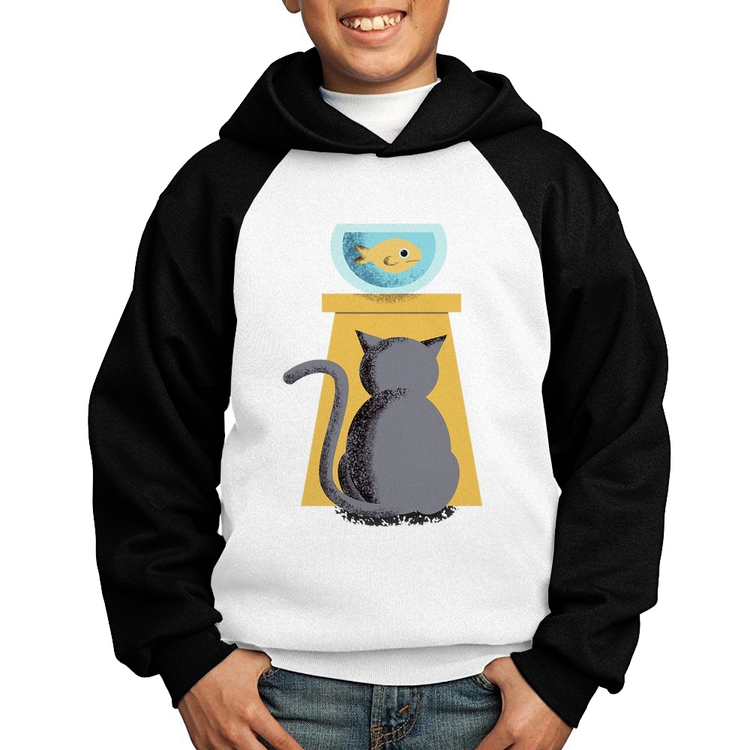 Moletom Infantil Gato e Aquário - Branco/Preto