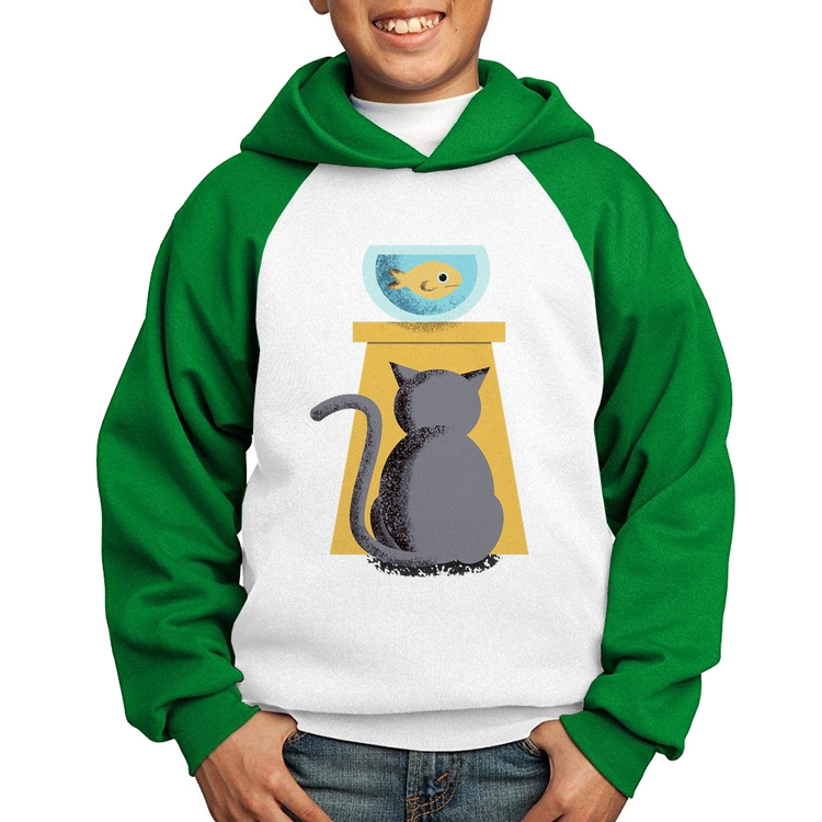 Moletom Infantil Gato e Aquário - Branco/Verde