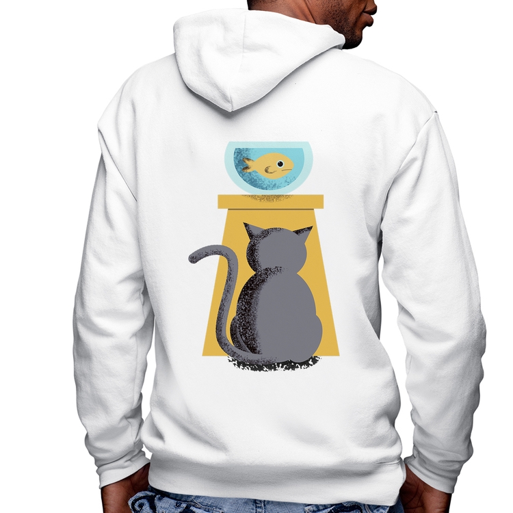 Blusa Moletom Gato e Aquário Masculina com Capuz e Zíper - Branca