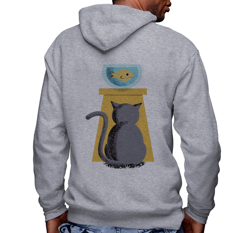 Blusa Moletom Gato e Aquário Masculina com Capuz e Zíper - Mescla
