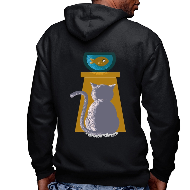Blusa Moletom Gato e Aquário Masculina com Capuz e Zíper
