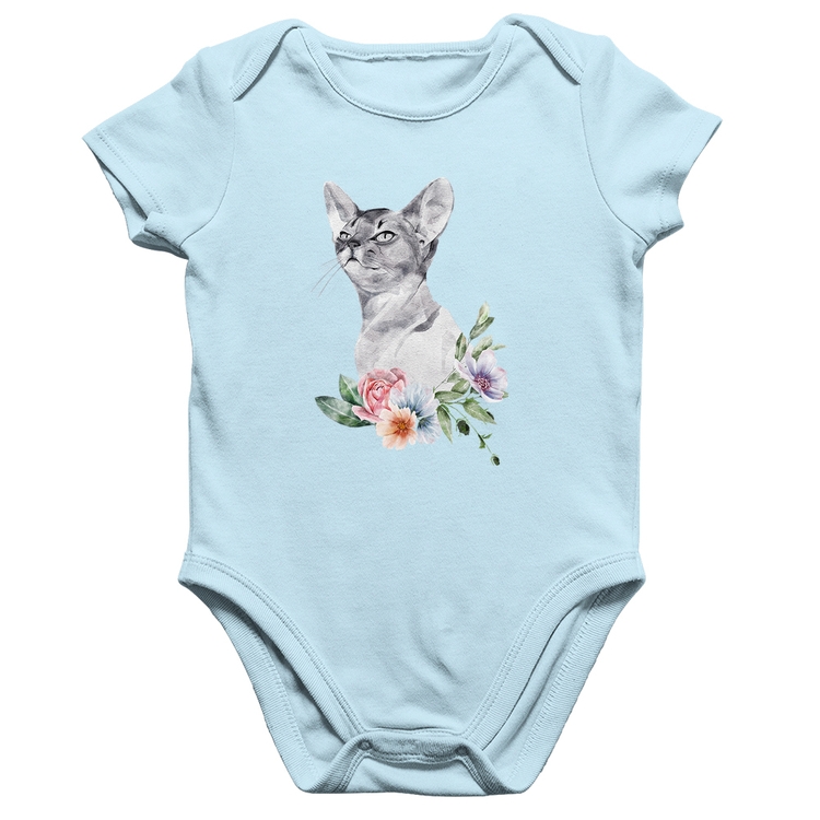 Body Bebê Algodão Gato e Flores - Azul Bebê