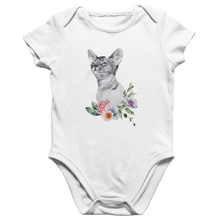 Body Bebê Algodão Gato e Flores - Branco