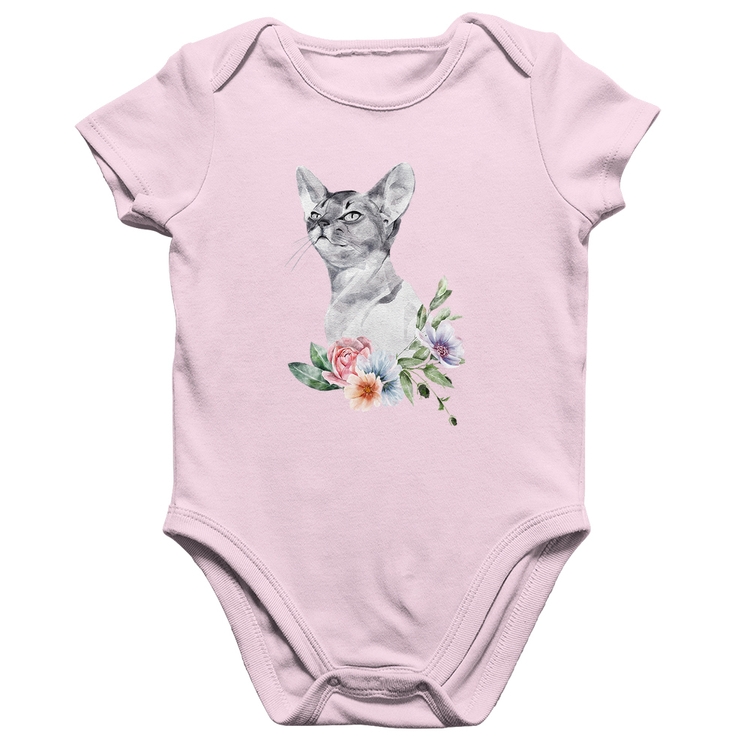 Body Bebê Algodão Gato e Flores - Rosa Bebê