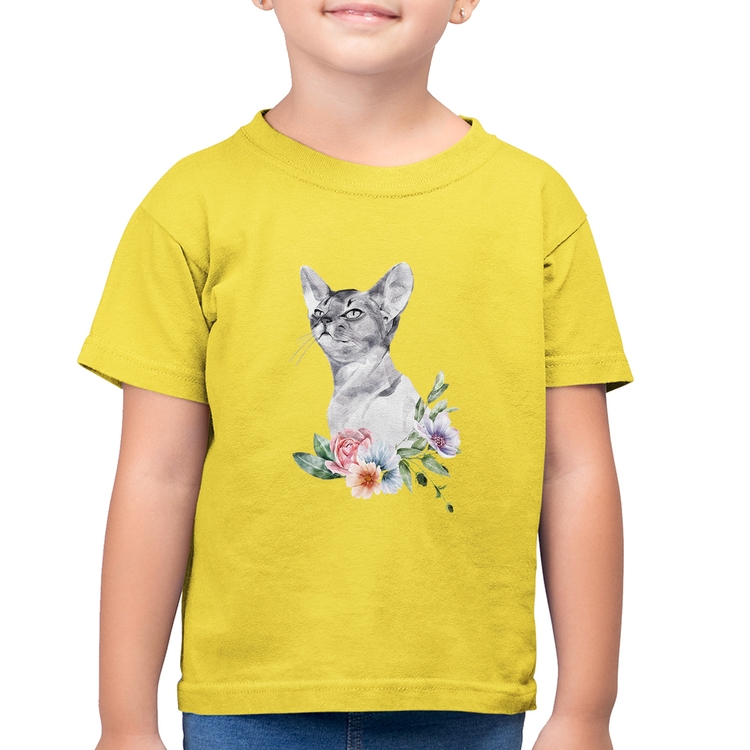 Camiseta Algodão Infantil Gato e Flores - Amarelo Canário