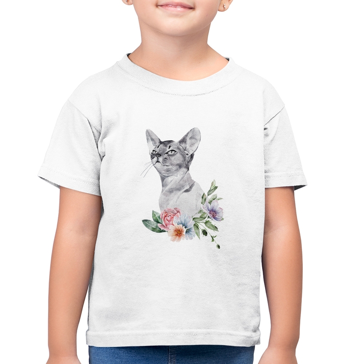 Camiseta Algodão Infantil Gato e Flores - Branca